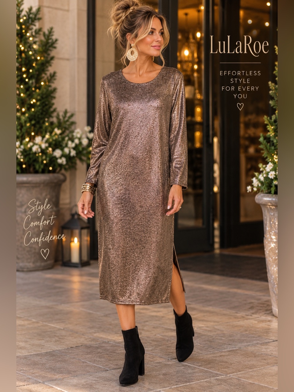 NWT LuLaRoe Debbie XL Metallic Champagne Gold Midi Dress Holiday Party
